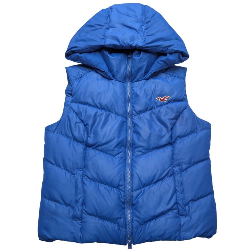 Hollister‎ Puffer Vest Womens Medium Blue Hooded Down Feather Fill Full Zip